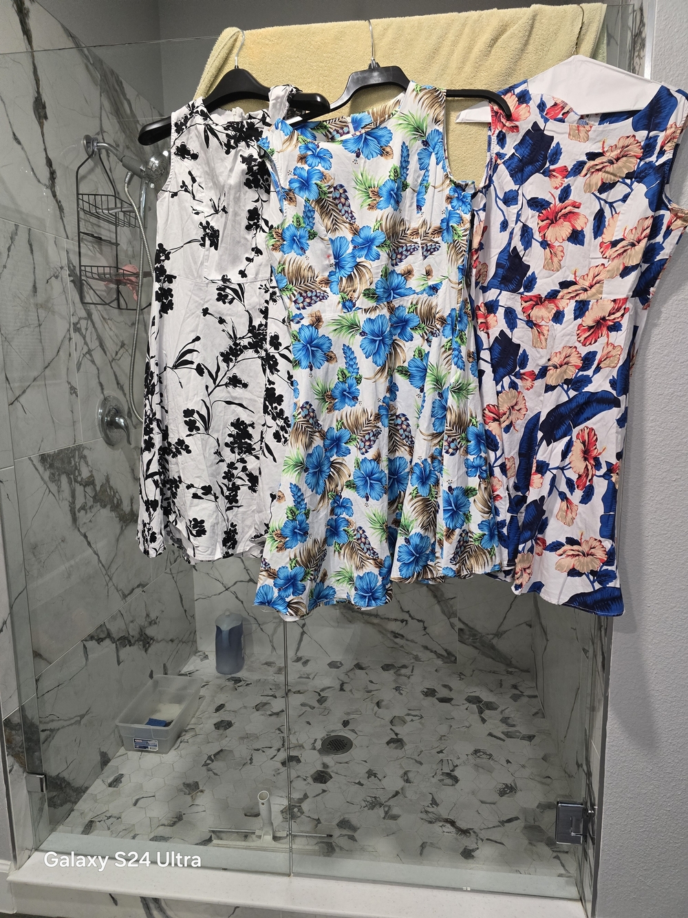 Set of 3 Floral A-Line Dresses - Blue, White/Black, Cream with Blue - Picture 2 of 2